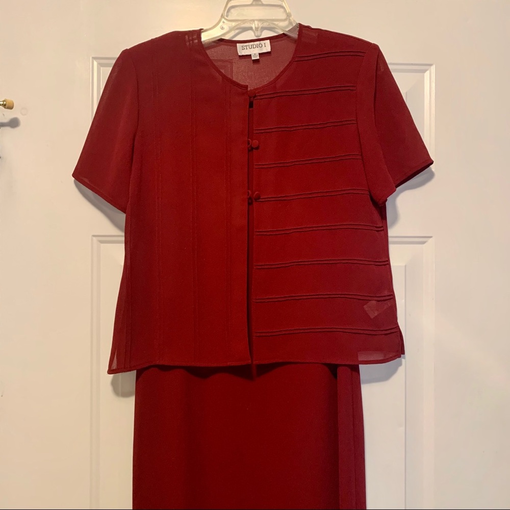 Studio I 2 Pc Red Dress Set Sz 8 Sheer Jacket Midi Dress Formal Church Wedding